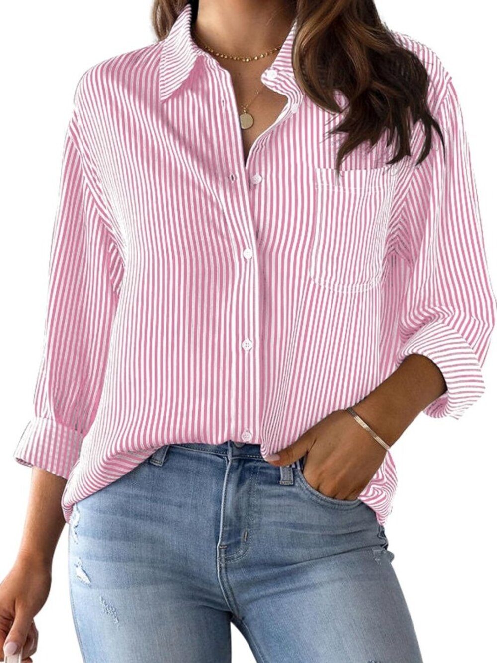 Wrinkle-Resistant Striped Long Sleeve Button-Down Shirt for Women - Chic